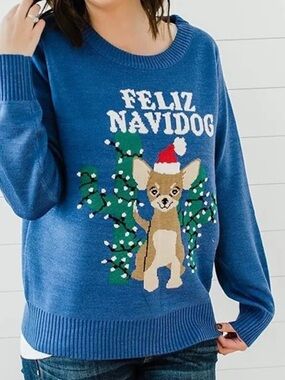 NWT Tipsy Elves Blue 'Feliz Navidog' Crewneck Sweater